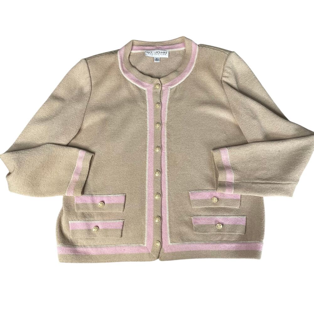 ST JOHN Santana Preppy Classic‎ Knit Sweater Tan Pink Button Up 8 Medium